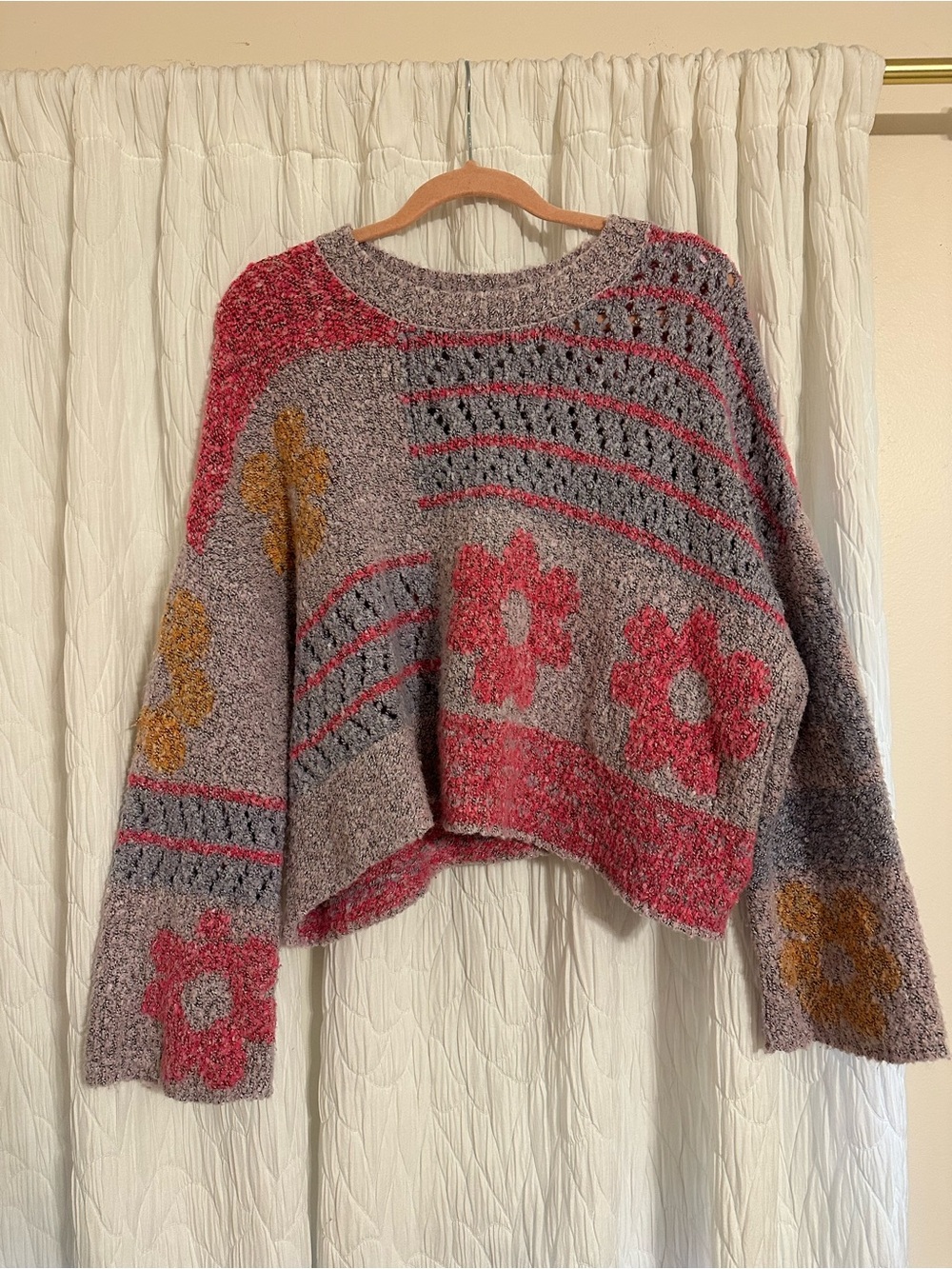 Floral Pattern Cropped Knit Sweater - Pink and Mustard